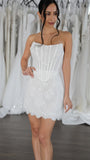 Strapless White Lace Wedding Dresses Short Lace Dress Wedding Reception Dress, HZ0308