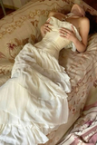 Vintage A line Strapless White Chiffon Long Prom Dresses HZ1022