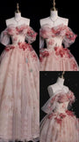 Pretty Ball Gown Off The Shoulder Blush Pink Tulle Long Quinceanera Dress Formal Short Sleeves Flowers Vestido De 15 Anos HZ1121