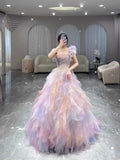 Pretty Ball Gown One Shoulder Lilac Tulle Long Quinceanera Dress Formal Short Sleeves Flowers Vestido De 15 Anos HZ1121