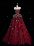 Pretty Ball Gown Strapless Burgundy Tulle Long Quinceanera Dress Formal Gowns Vestido De 15 Anos Sweet 16 Dress HZ1121
