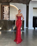 Vintage Sheath Strapless Sequin Red Beads Long Prom Dresses Party Dress Graduation Dresses HZ1121