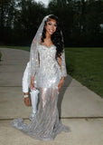 Vintage Mermaid Sweetheart Silver Sequin Beads Long Prom Dresses Party Dress Black Girl Outfits Graduation Dresses HZ1121