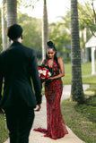 Classy Mermaid Halter Burgundy Sequin Beads Long Prom Dresses Party Dress Black Girl Outfits Graduation Dresses HZ1121