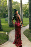 Classy Mermaid Halter Burgundy Sequin Beads Long Prom Dresses Party Dress Black Girl Outfits Graduation Dresses HZ1121