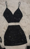Pretty Sheath 2 Pieces Little Black Dress Sequin Short Homecoming Dresses Summer Hoco Dresses Cocktail Dress Birthday Outfits HZ1121