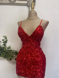Cute Sheath Spaghetti Straps Sequin Red Short Homecoming Dress Summer Middle School Formal Hoco Dresses Cocktail Dress Birthday Outfits HZ1121