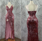 Classy Mermaid Spaghetti Straps Rose Pink Sequin High Slit Long Prom Dresses Party Dress Birthday Outfits Graduation Dresses HZ1121