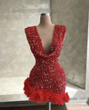 Cute Sheath V Neck Sequin Red Short Homecoming Dress Summer Middle School Formal Hoco Dresses Cocktail Dress Birthday Outfit HZ1121