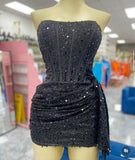 Trendy Sheath Strapless Little Black Dress Sequin Formal Short Homecoming Dress Summer Middle School Hoco Dresses Cocktail Dress Birthday Outfits HZ1121