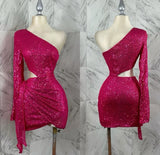 Cute Sheath One Shoulder Sequin Hot Pink Short Homecoming Dress Summer Middle School Formal Hoco Dresses Cocktail Dress Birthday Outfits HZ1121