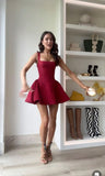 Trendy A line Square Burgundy Sleeveless Formal Short 8th Grade Homecoming Dress Summer Middle School Hoco Dresses Cocktail Dress Birthday Outfits HZ1121