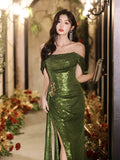 Classy Sheath Off The Shoulder Sequin Green Slit Long Formal Gown Summer Wedding Guest Dress Bridal Guest Dresses Wedding Outfits For Guest HZ1121