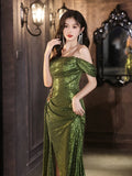 Classy Sheath Off The Shoulder Sequin Green Slit Long Formal Gown Summer Wedding Guest Dress Bridal Guest Dresses Wedding Outfits For Guest HZ1121
