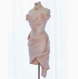 Sexy Sheath Off The Shoulder Pink Satin Short Homecoming Dresses Summer Hoco Dresses Cocktail Dress Birthday Outfits HZ1121