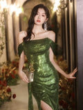 Classy Sheath Off The Shoulder Sequin Green Slit Long Formal Gown Summer Wedding Guest Dress Bridal Guest Dresses Wedding Outfits For Guest HZ1121