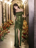 Classy Sheath Off The Shoulder Sequin Green Slit Long Formal Gown Summer Wedding Guest Dress Bridal Guest Dresses Wedding Outfits For Guest HZ1121