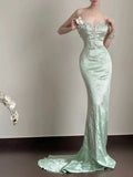 Classy Mermaid Sweetheart Mint Green Satin Long Prom Dresses Party Dress Birthday Outfits Graduation Dresses HZ1121