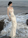 Classy Mermaid Sweetheart White Satin Long Prom Dresses Party Dress Birthday Outfits Graduation Dresses HZ1121