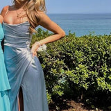 Elegant Mermaid Strapless Light Sky Blue Satin Long Prom Dresses Party Dress Summer 20th Birthday Outfits Birthday Dresses HZ1121