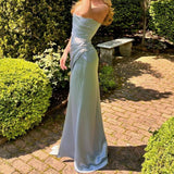 Elegant Mermaid Strapless Light Sky Blue Satin Long Prom Dresses Party Dress Summer 20th Birthday Outfits Birthday Dresses HZ1121