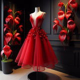 Pretty Ball Gown V Neck Red Tulle Formal 8th Grade Homecoming Dress Summer Middle School Hoco Dresses Birthday Outfits HZ1121