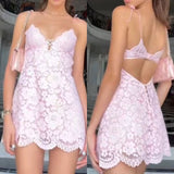 Cute A line Spaghetti Straps Pink Lace Short Mini Formal 8th Grade Homecoming Dress Summer Middle School Hoco Dresses Birthday Outfits HZ1121