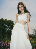 Elegant A line One Shoulder Sleeveless White Long Evening Party Gowns Evening Formal Dresses Prom Dress HZ1121