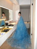 Classy Ball Gown Strapless Blue Layers Tulle Long Prom Dresses Party Dress Birthday Outfits Graduation Dresses HZ1121