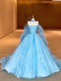 Classy Ball Gown Strapless Blue Layers Tulle Long Prom Dresses Party Dress Birthday Outfits Graduation Dresses HZ1121