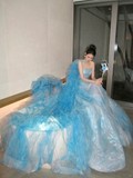 Classy Ball Gown Strapless Blue Layers Tulle Long Prom Dresses Party Dress Birthday Outfits Graduation Dresses HZ1121