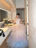 Classy Ball Gown Strapless Pink Layers Tulle Long Prom Dresses Party Dress Birthday Outfits Graduation Dresses HZ1121