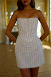 White Pearl Beaded Short Party Dresses Strapless Formal Party HZ0308