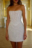 White Pearl Beaded Short Party Dresses Strapless Formal Party HZ0308