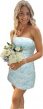 White Blue Floral Homecoming Dress - Strapless Short Bodycon Prom HZ0308
