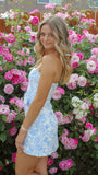 White Blue Floral Homecoming Dress - Strapless Short Bodycon Prom HZ0308