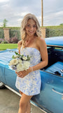 White Blue Floral Homecoming Dress - Strapless Short Bodycon Prom HZ0308