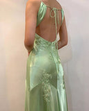 Beautiful A Line Spaghetti Straps Green Long Prom Dresses Backless Satin Evening Gowns HZ1022