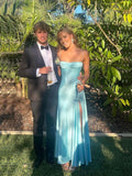 Elegant Blue Satin Mermaid Side Slit Long Evening Prom Dresses Sexy Prom Dress HZ1121