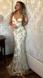 Mermaid Sexy Prom Dress Vintage Backless Lace Prom Dress,Gold Sequin Prom Dress HZ1022