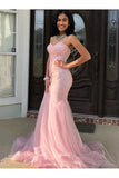 Classy Pink Sweetheart Sleeveless Lace Mermaid Prom Dresses with Train Evening Dresses Graduation Dress HZ1121
