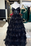 Straps Blue Sequin Tulle Ruffles Formal HZ0308