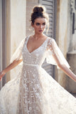 LTP0152,Ivory V Neck Beach Wedding Dresses With Lace Appliques Short Sleeves Wedding HZ0308