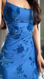 Classy Mermaid Spaghetti Straps Floral Blue Prom Dresses Satin Summer Wedding Guest Dresses Wedding Guest Outfits HZ1121