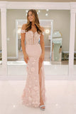 Pretty Light Pink Off the Shoulder Lace Appliques Mermaid Long Prom Dresses Graduation Dress HZ1121