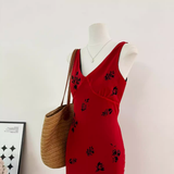 Cute A line V Neckline Red Floral Long Summer Dress For Women HZ1121
