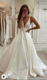 White v neck satin lace long prom dress evening HZ0308
