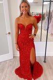 Red Sequin Strapless V Neck Mermaid Long Prom HZ0308