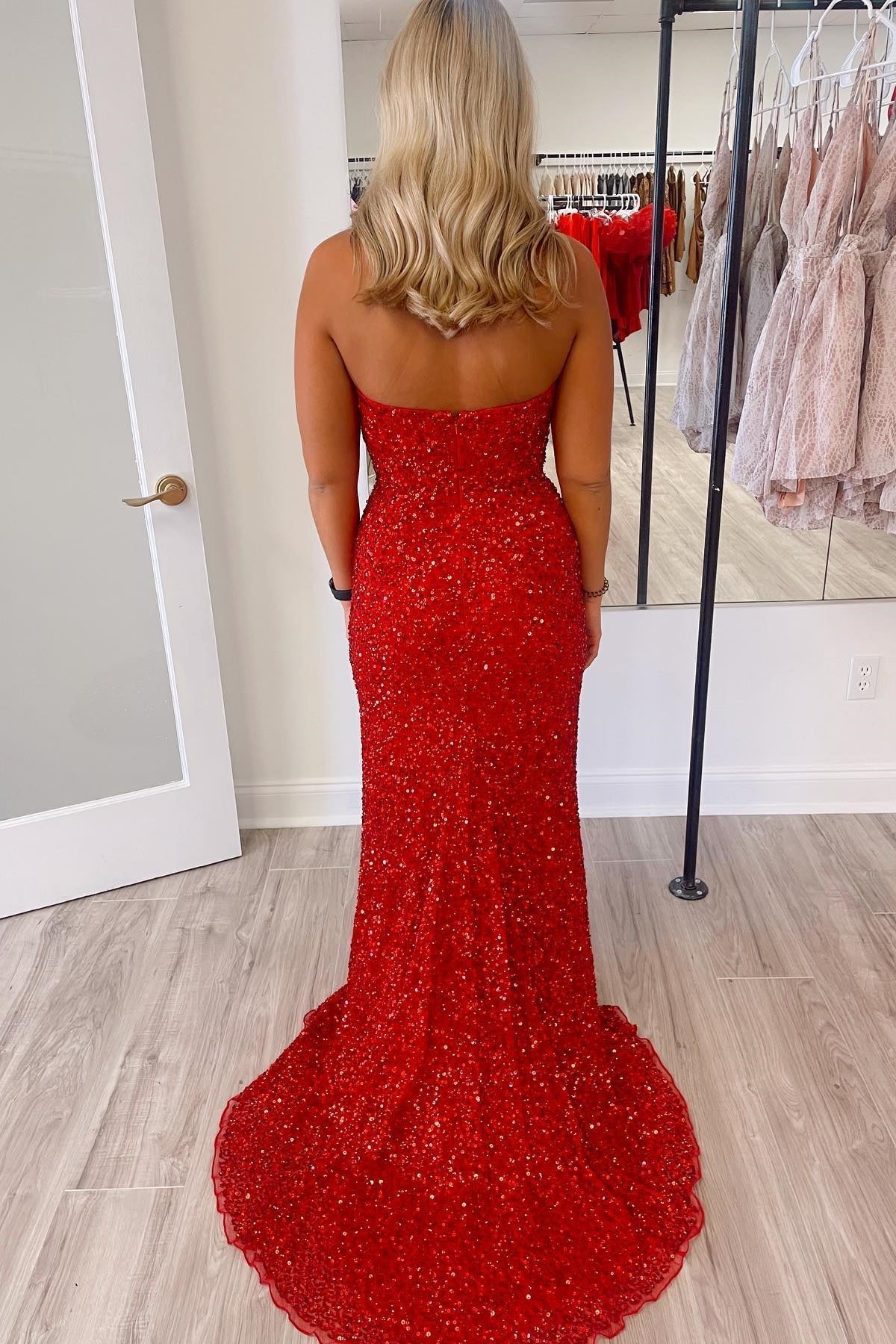 Red Sequin Strapless V Neck Mermaid Long Prom HZ0308