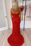 Red Sequin Strapless V Neck Mermaid Long Prom HZ0308